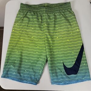 Nike Boys Volley Swim Shorts XL Green 9" Allover Print Mesh Lined Trunks Pocket